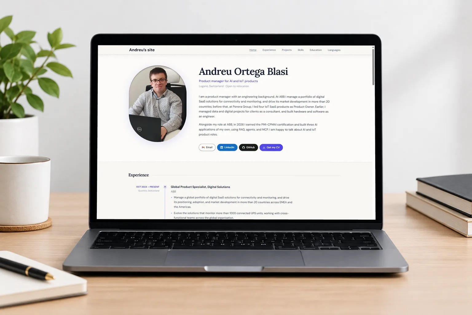 This site on a laptop, showing its introduction: the owner’s photo, name, positioning line and summary, above the contact and CV controls