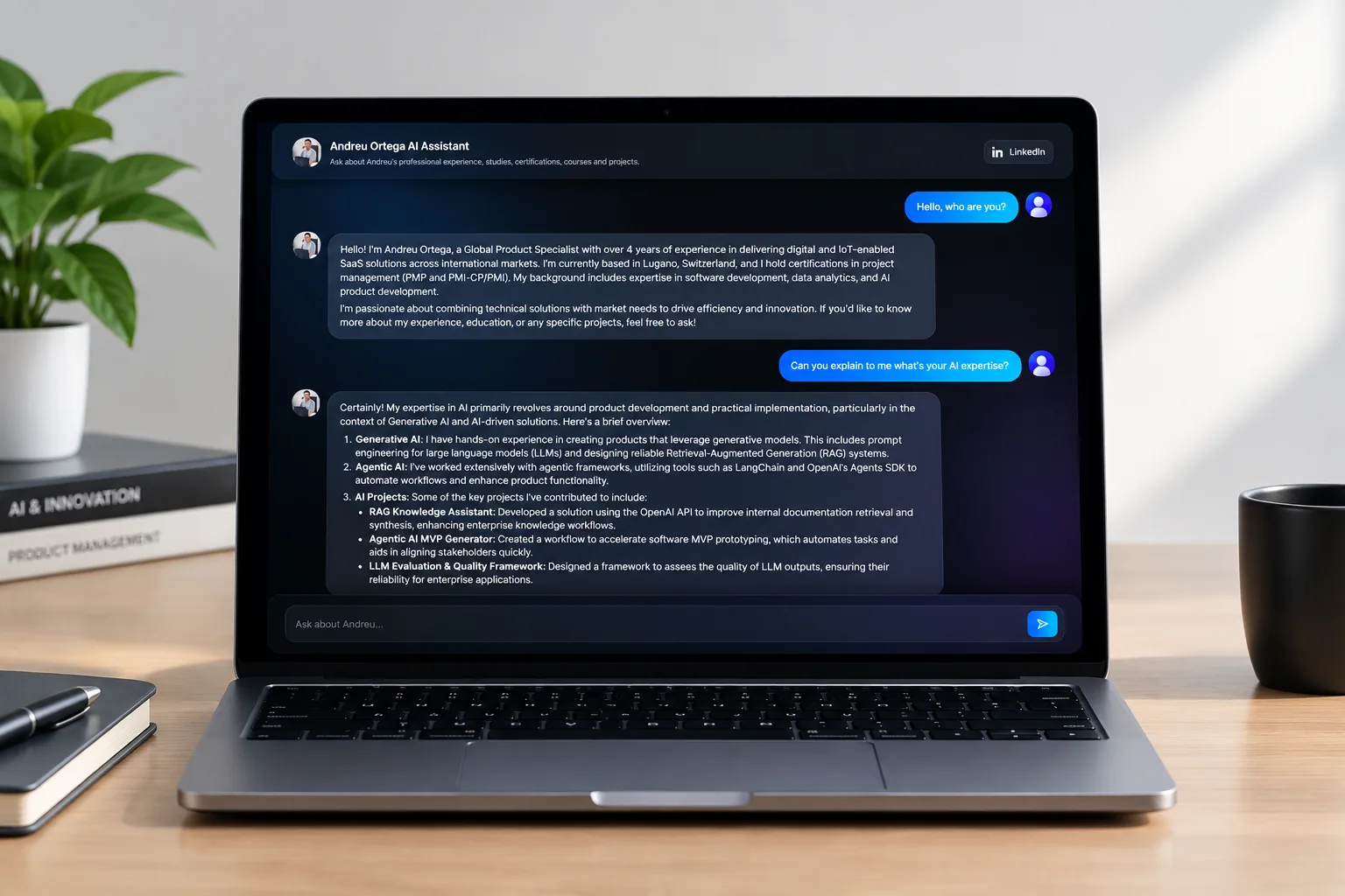 The Digital Twin on a laptop, as Andreu’s AI assistant in a chat, introducing itself and answering a question about Andreu’s AI expertise