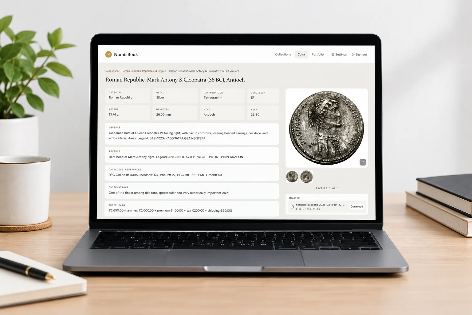 NumisBook on a laptop, showing a coin’s record: the details of a silver tetradrachm of Mark Antony and Cleopatra beside its photograph, with the coin’s invoice below the photograph